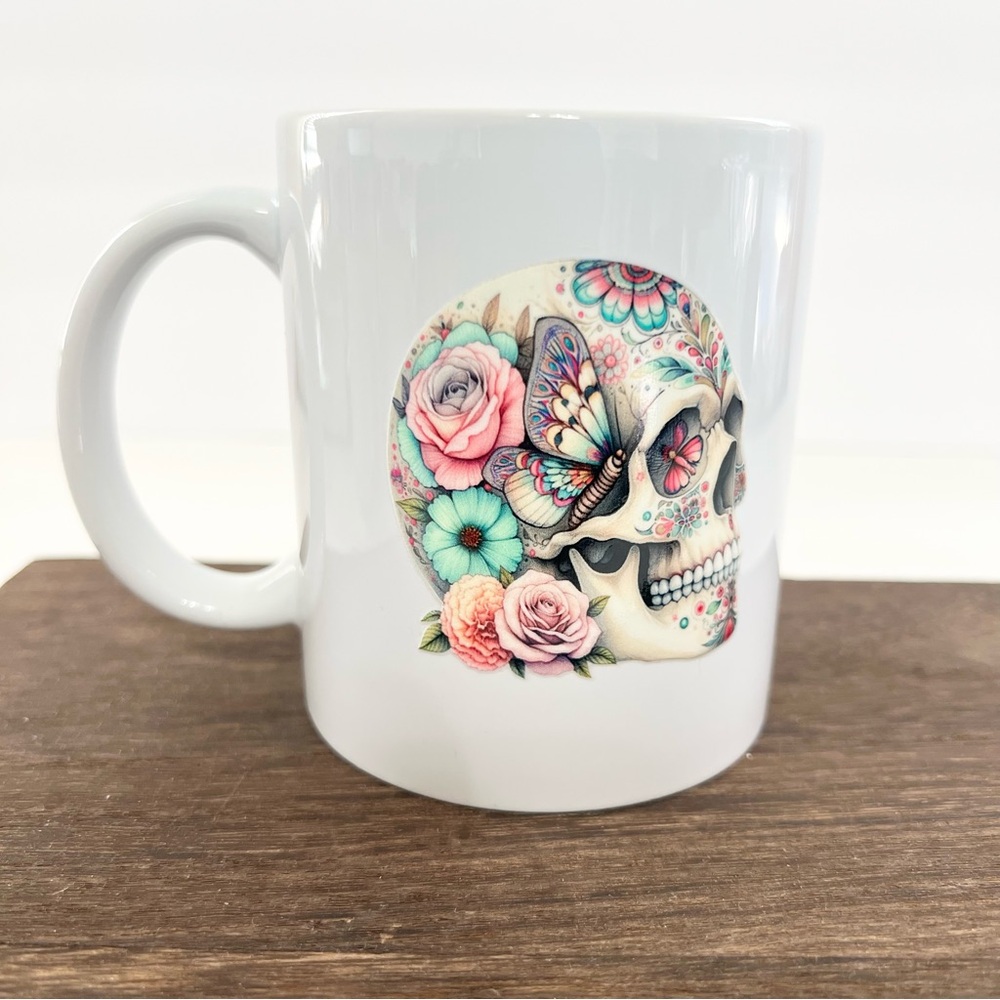 Floral Sugar Skull Coffee Mug – Butterfly & Roses Design – 11oz Ceramic